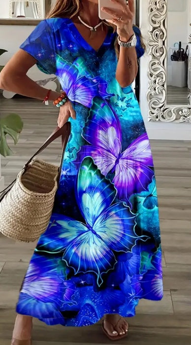 Butterfly Print V Neck Dress - Flattering & Comfortable - Perfect For Spring & Summer - Stylish Casual Wear For Curvy Women