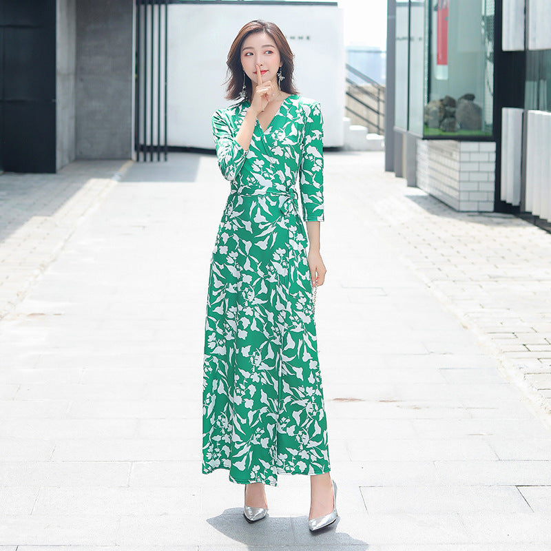 Lace-up Fashionable Long One-piece Wrap Vintage Floral Dress