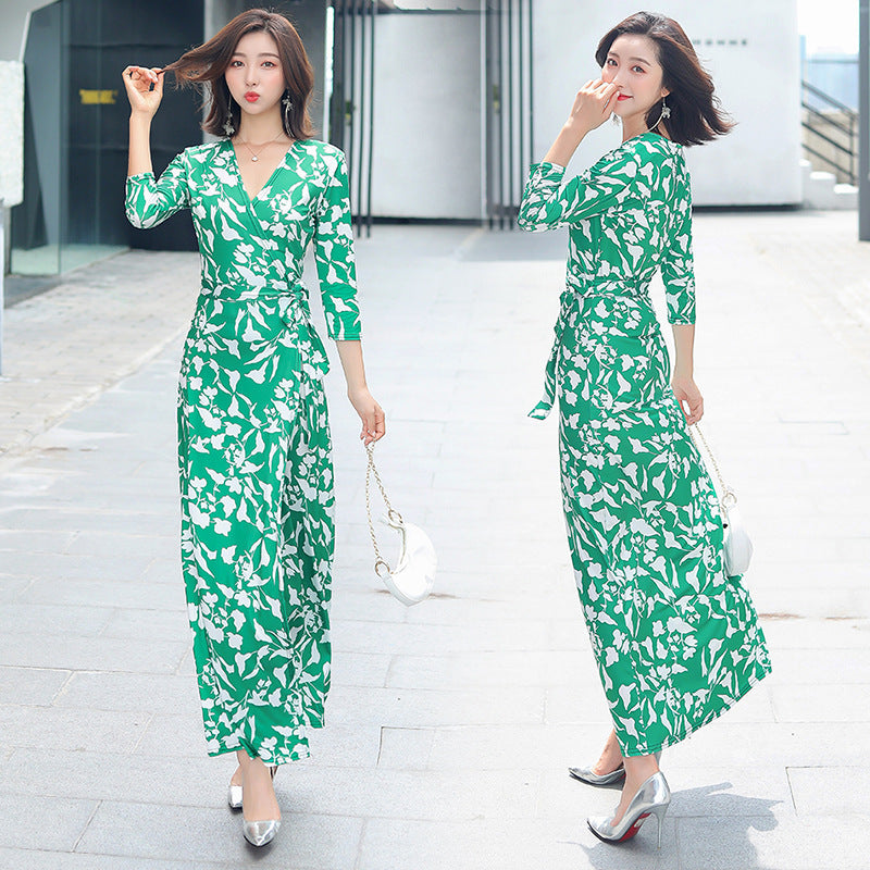 Lace-up Fashionable Long One-piece Wrap Vintage Floral Dress