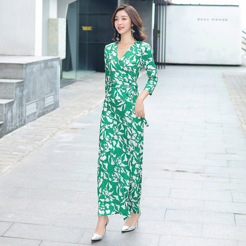 Lace-up Fashionable Long One-piece Wrap Vintage Floral Dress