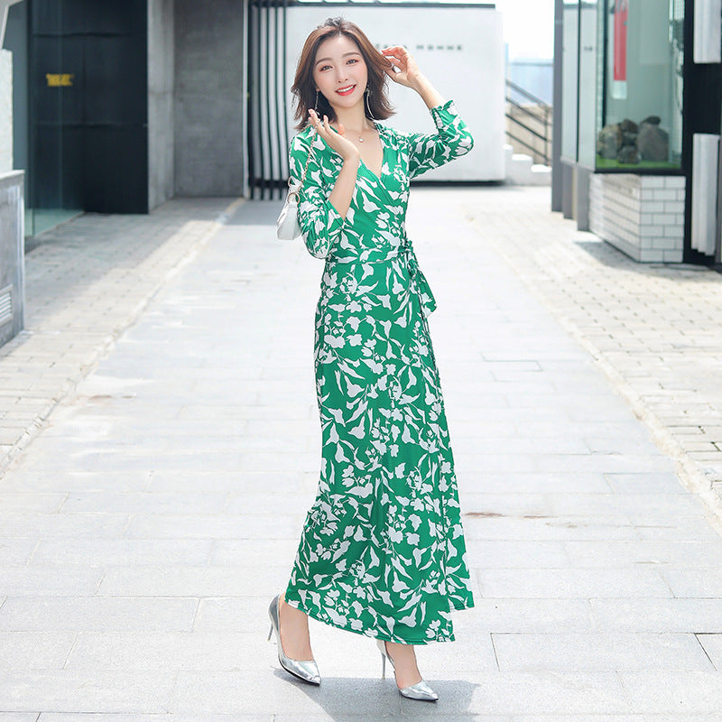 Lace-up Fashionable Long One-piece Wrap Vintage Floral Dress