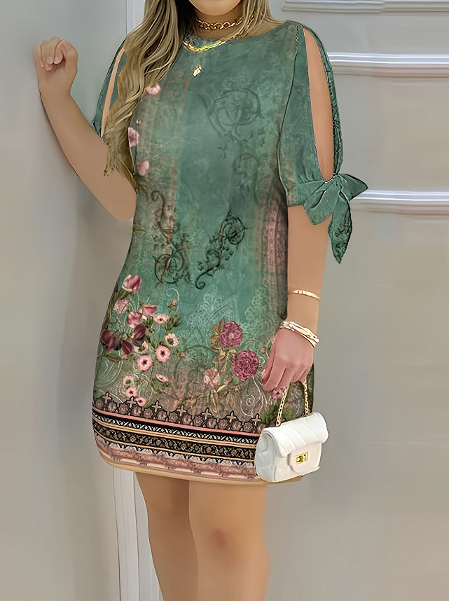 Printed Loose-fitting Casual Round-neck Pullover Dress