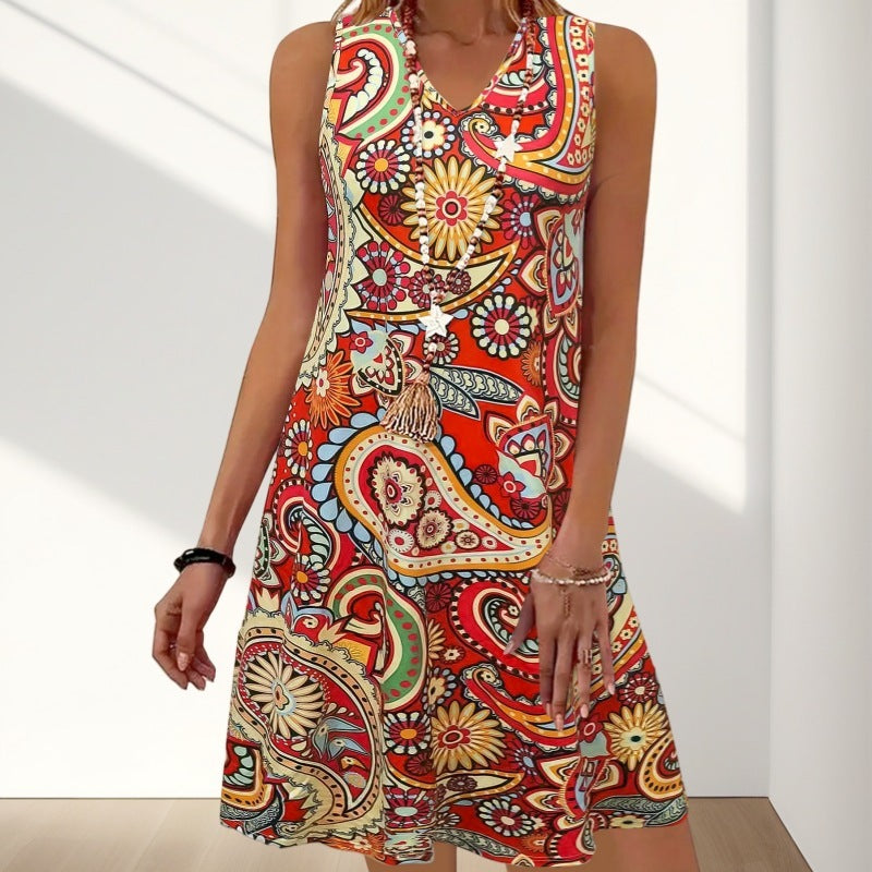 Women's Fashion Printed Leisure Vacation V-neck Sleeveless Dress