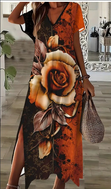 Elegant V-Neck Floral Rose Print Maxi Dress With Side Split,All-Season Fit And Flare Dress