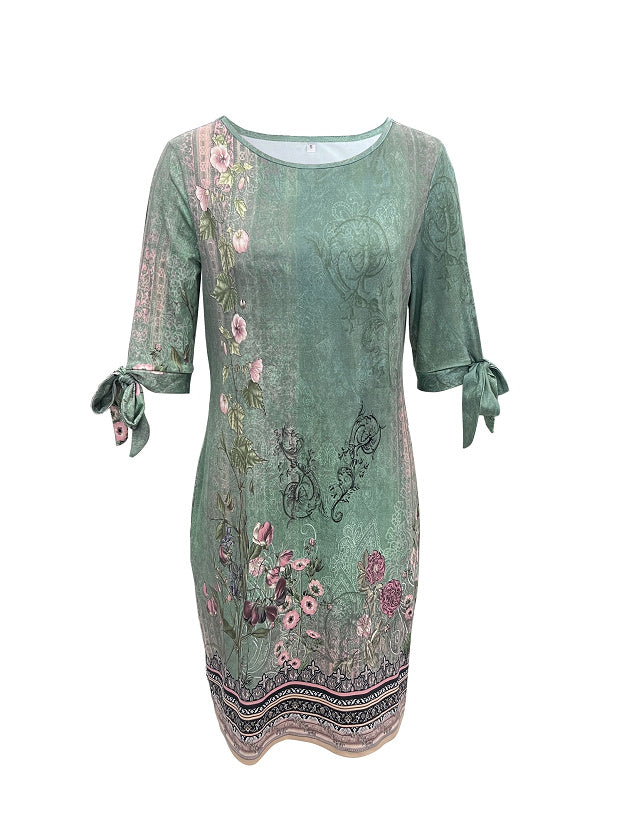 Printed Loose-fitting Casual Round-neck Pullover Dress
