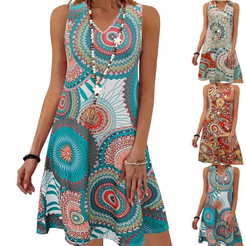 Women's Fashion Printed Leisure Vacation V-neck Sleeveless Dress