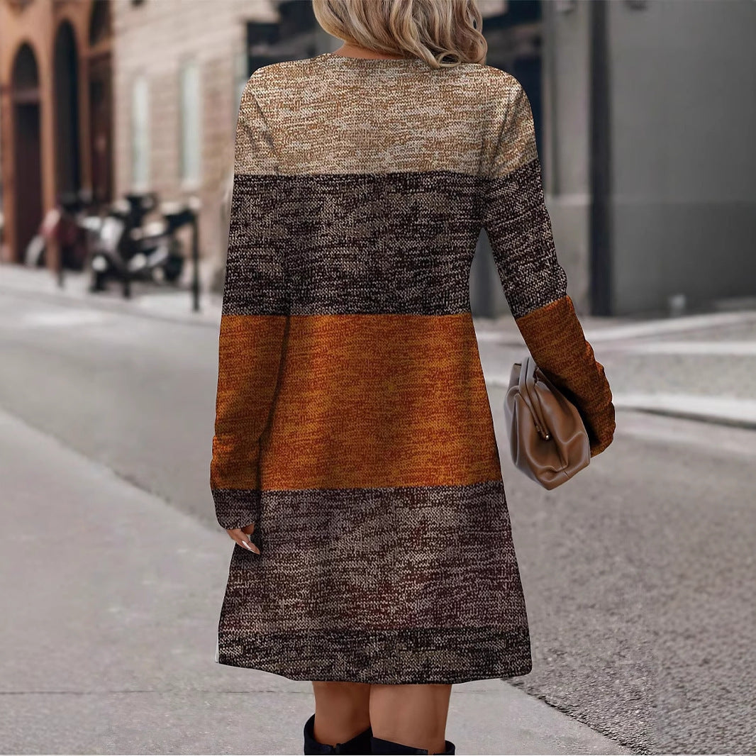 Printing Color Contrast Long-sleeve Round-collar Dress Women