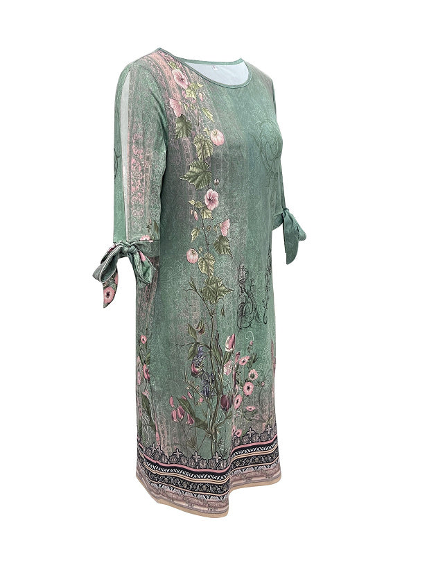 Printed Loose-fitting Casual Round-neck Pullover Dress