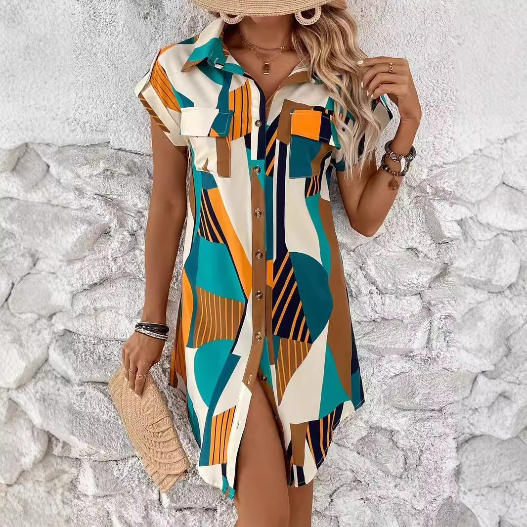 Geometric Printed Shirt Short Dress Women