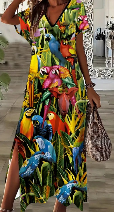 Women's Plus Size V-Neck Dress With Animal Print & Side Slit - Casual Short Sleeve, Machine Washable