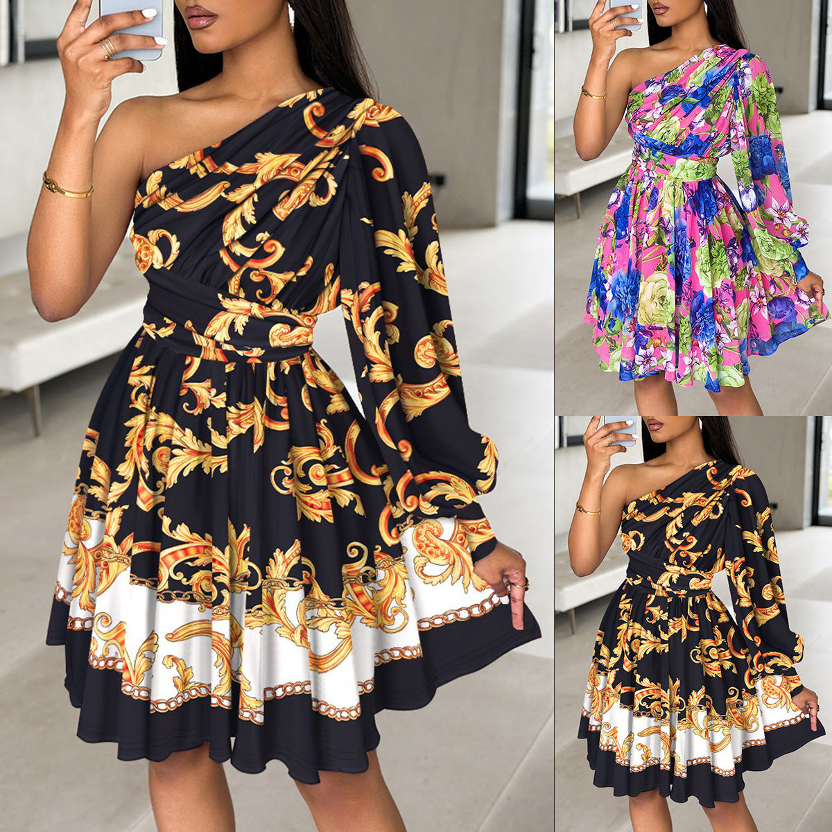 Fashion Shoulder-baring Waist Trimming Printing Dress Women