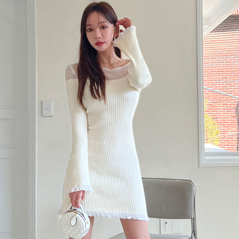 Off-shoulder Collar Slim Fit Base Long Sleeve Wooden Ear Knitted Dress