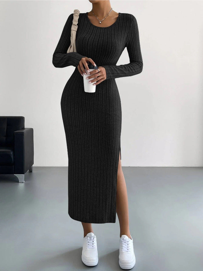 Autumn and winter long-sleeved round neck slit knitted long dress