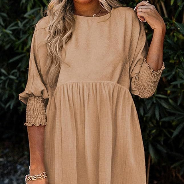 Three-quarter Sleeve Casual Loose Round Neck Batwing Sleeve Smocking Dress Women