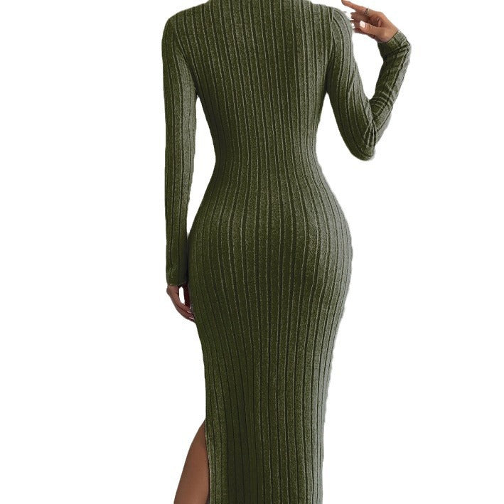 Autumn and winter long-sleeved round neck slit knitted long dress
