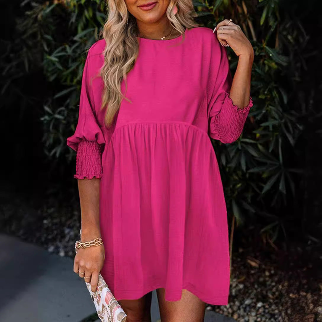 Three-quarter Sleeve Casual Loose Round Neck Batwing Sleeve Smocking Dress Women