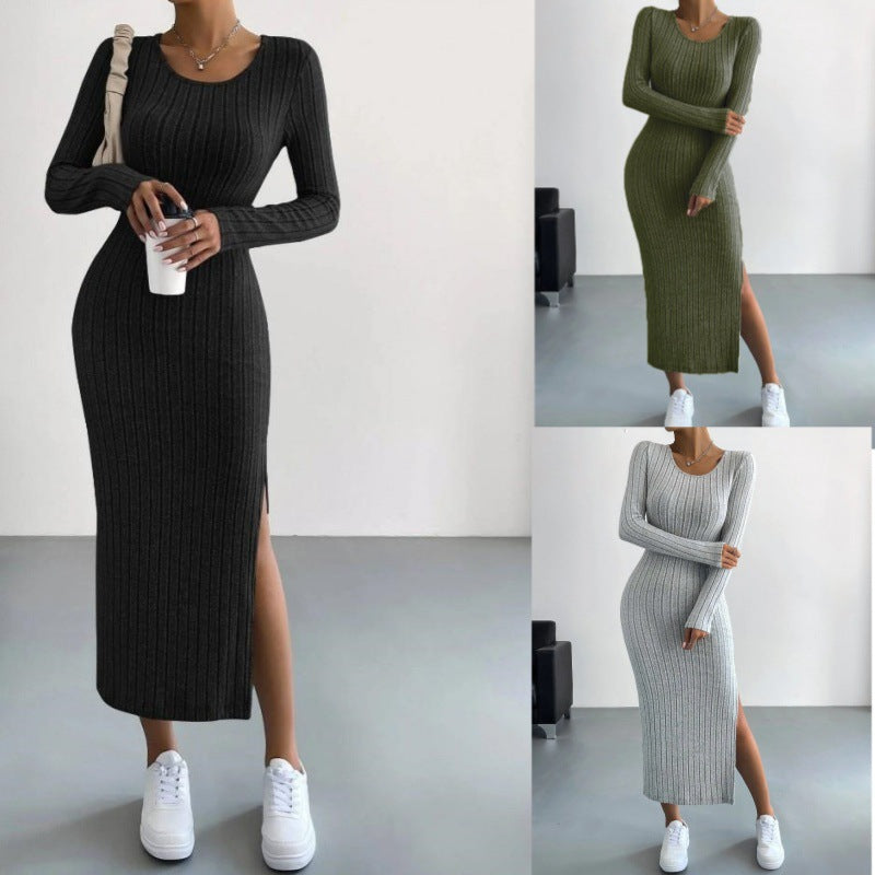 Autumn and winter long-sleeved round neck slit knitted long dress
