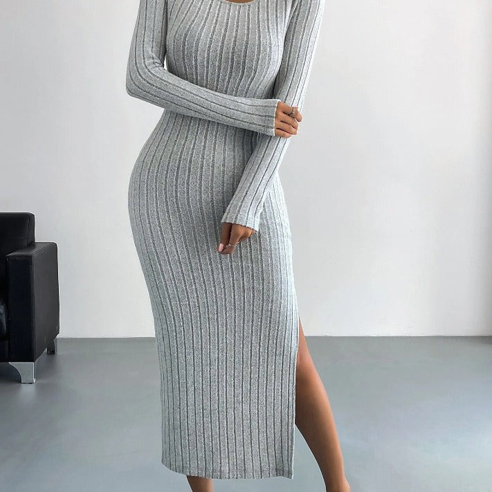 Autumn and winter long-sleeved round neck slit knitted long dress