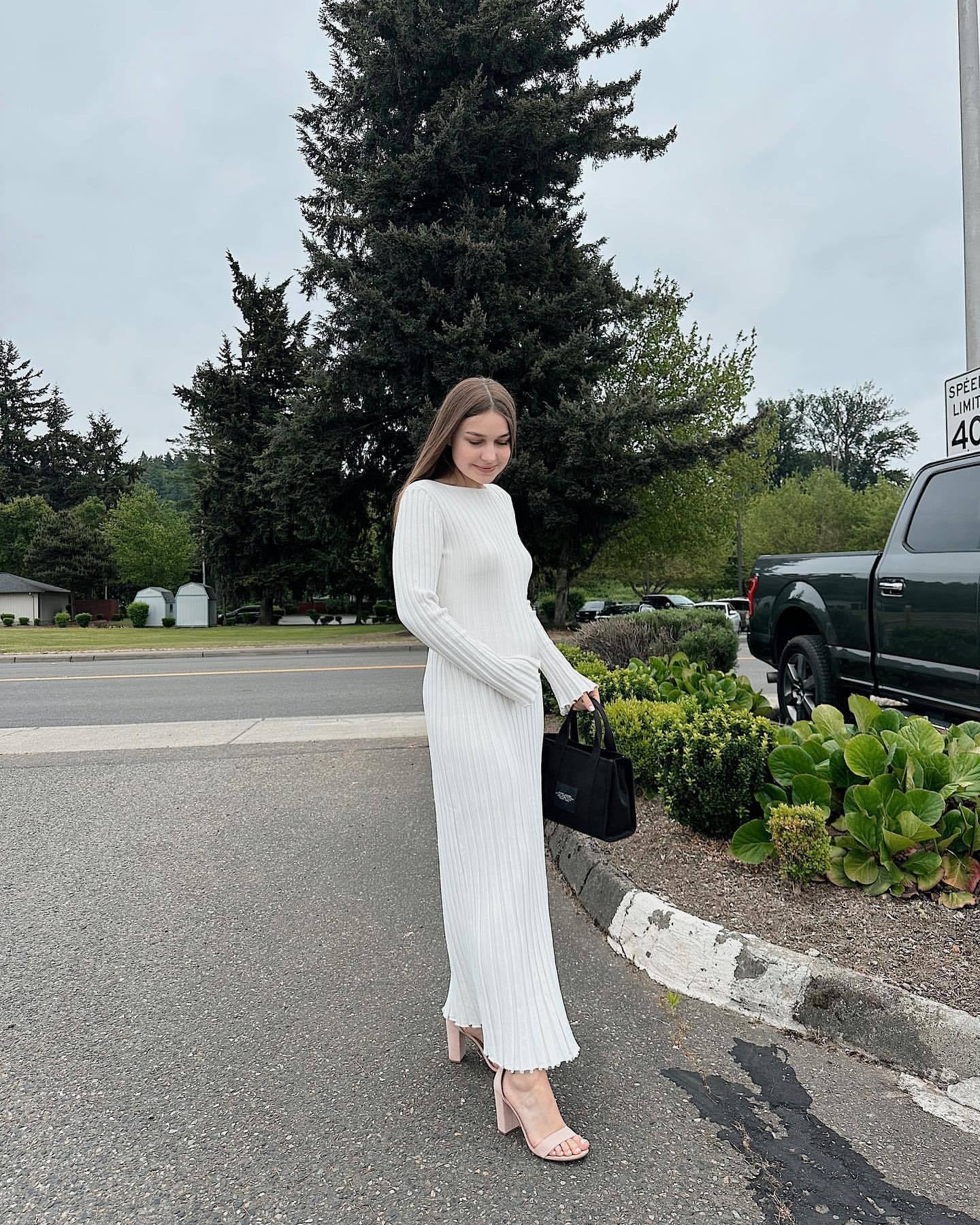 knitted dress casual waist round neck big pit strip slim knitted long skirt female