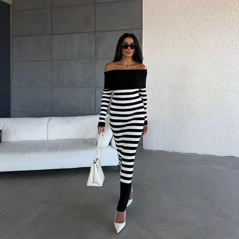 Elegant Slim-fit Sheath Stripes Knitted Dress