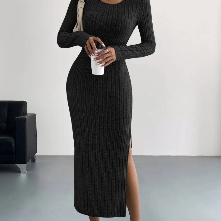 Autumn and winter long-sleeved round neck slit knitted long dress