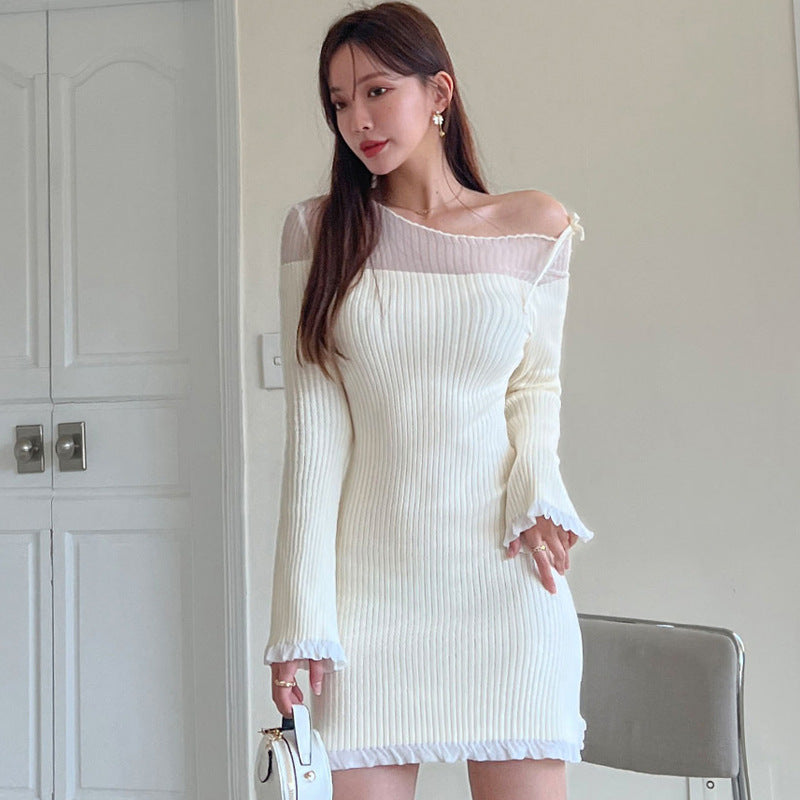 Off-shoulder Collar Slim Fit Base Long Sleeve Wooden Ear Knitted Dress