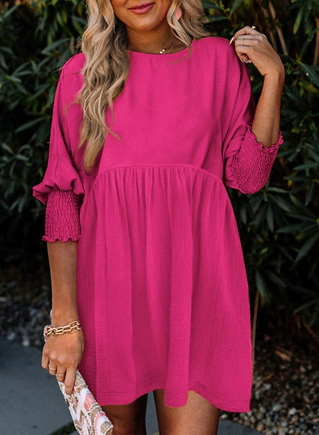 Three-quarter Sleeve Casual Loose Round Neck Batwing Sleeve Smocking Dress Women
