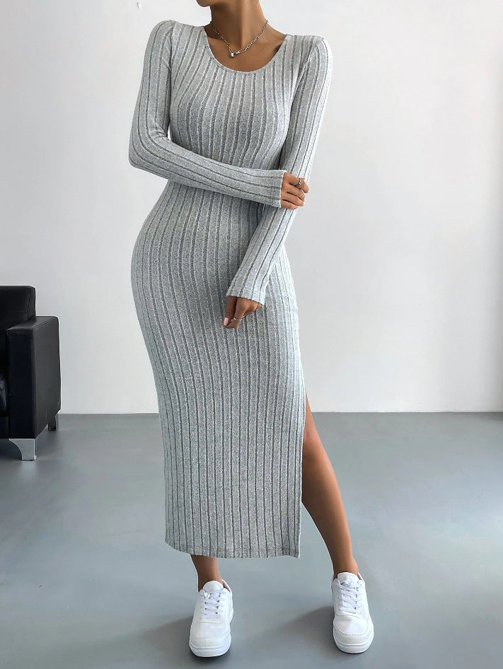Autumn and winter long-sleeved round neck slit knitted long dress