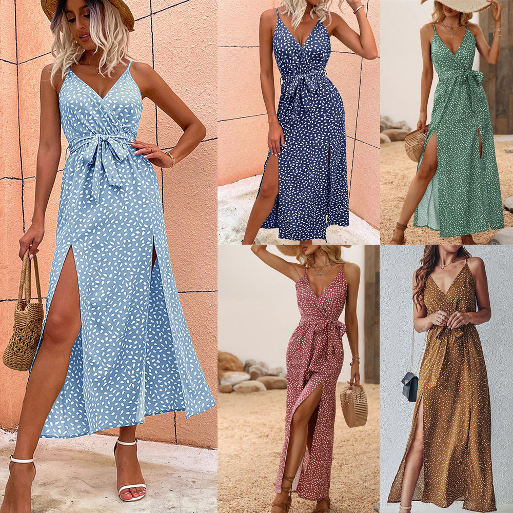 V-neck Sling Floral Tie-Neck Dress Women's Clothing Long Dress