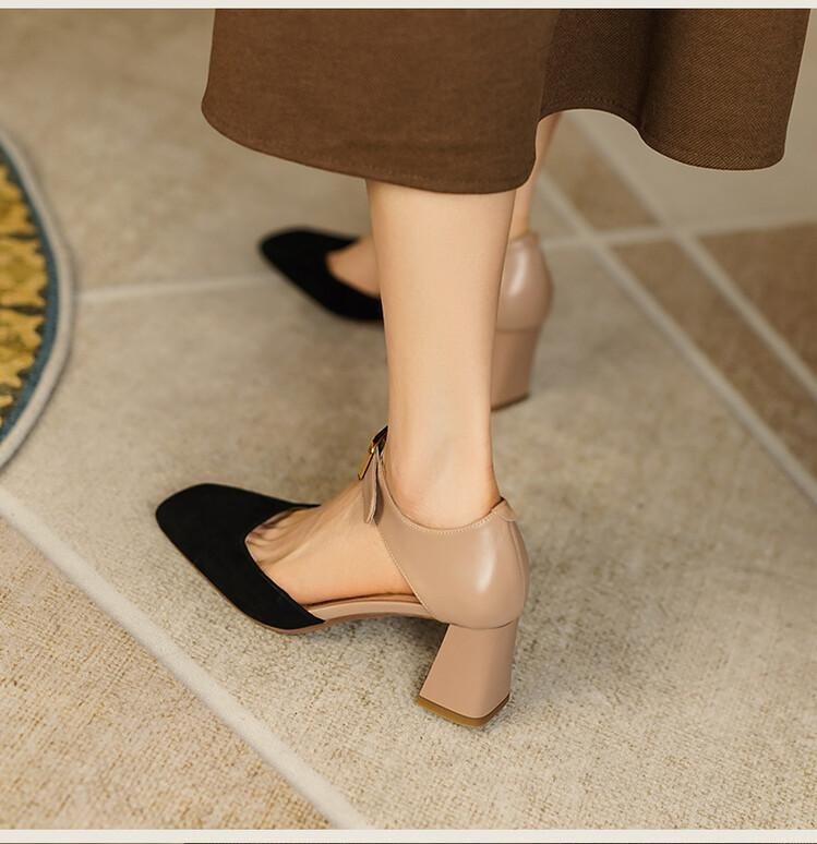 Chunky Heel Gold Buckle Closed Toe Sandals Internet Celebrity Square
