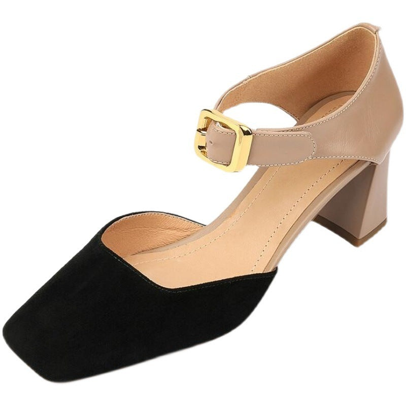 Chunky Heel Gold Buckle Closed Toe Sandals Internet Celebrity Square
