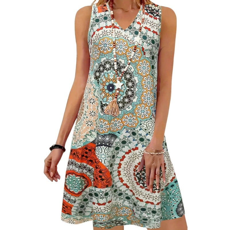 Women's Fashion Printed Leisure Vacation V-neck Sleeveless Dress