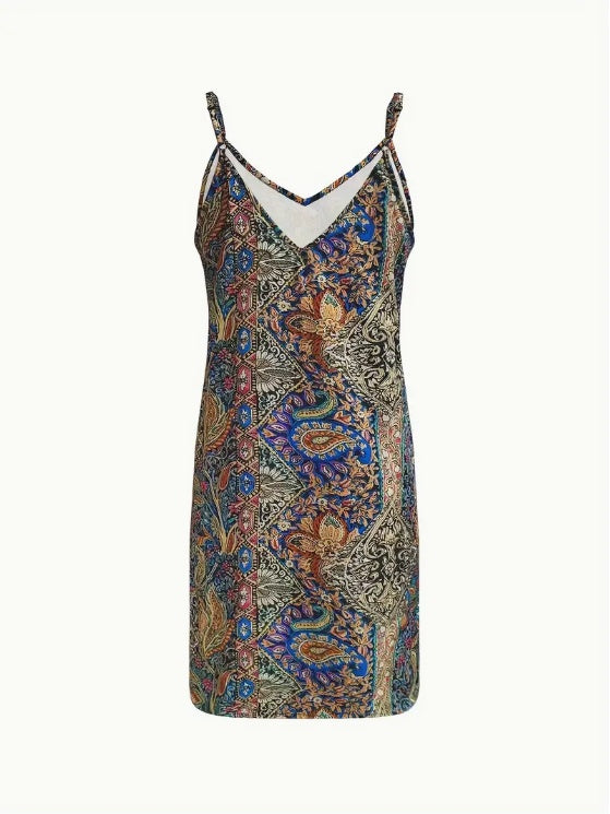Paisley Print Spaghetti Suspender Dress - Machine Washable, Non-Sheer For Spring Autumn, Spaghetti Strap Top
