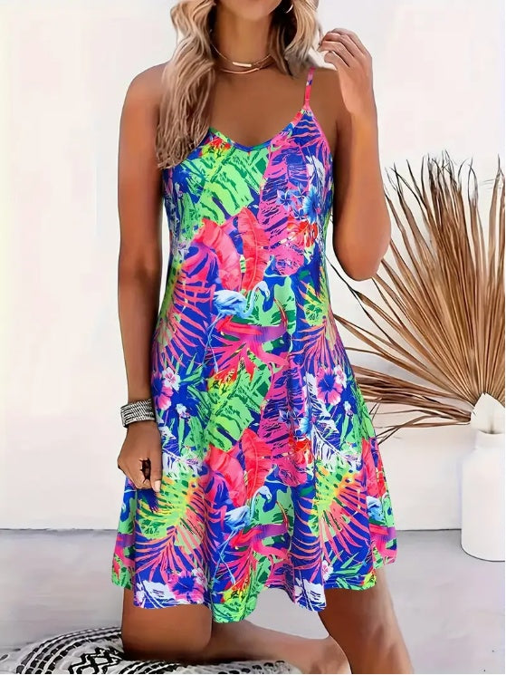 Women's Tropical Print V-Neck Cami Dress - Perfect For Spring Summer, Machine Washable