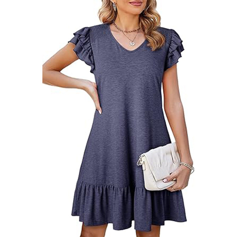 Women's V-neck Ruffle Loose Waist Short Sleeve Dress
