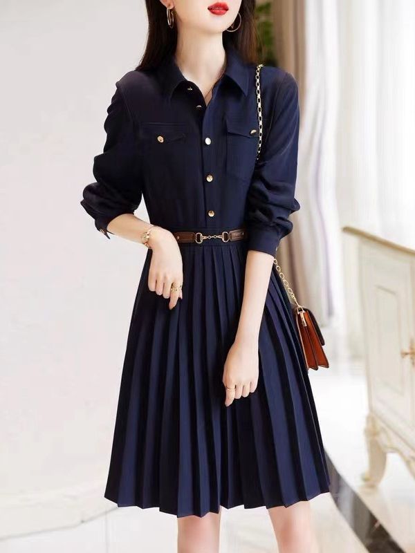 Lapel Loose Long Sleeve Simple Elegant Dress