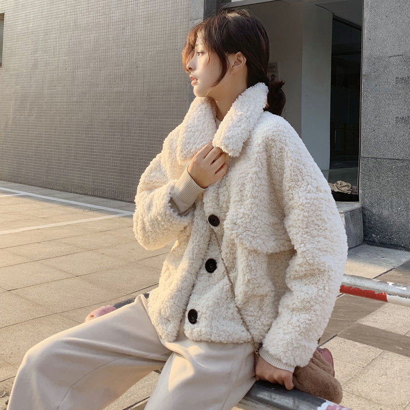 Lamb Wool Coat Women's Short Autumn And Winter Loose Plush Top Thickened