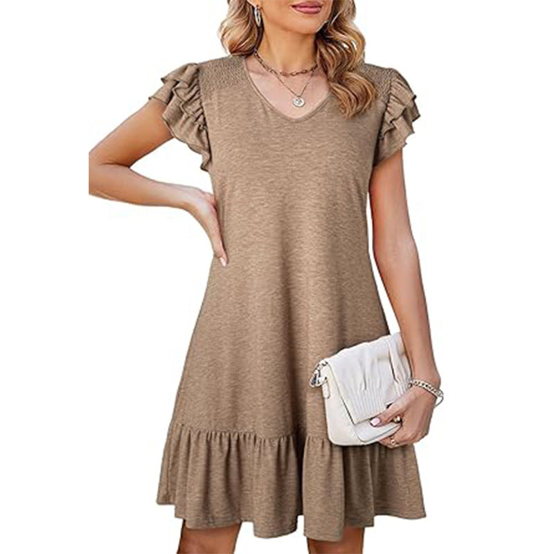 Women's V-neck Ruffle Loose Waist Short Sleeve Dress