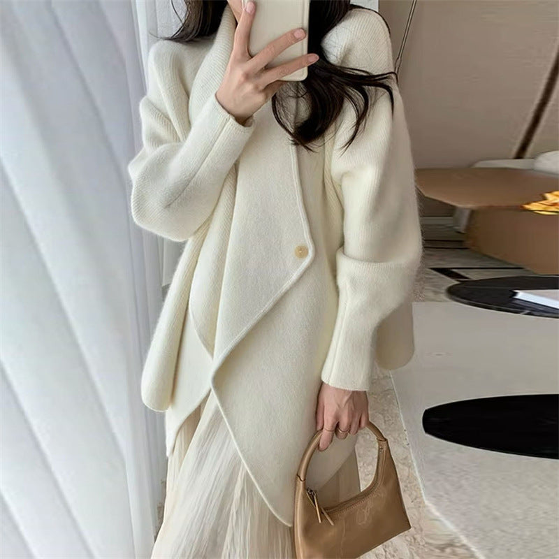 Korean Style Lapel Simple Style Mid-length Knitted Cardigan