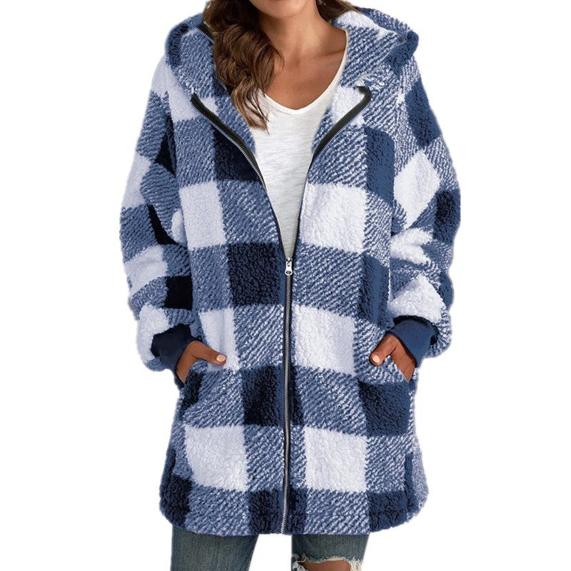 European Velvet Women's Long-sleeved Plaid Hooded Zipper With Pockets Baggy Coat