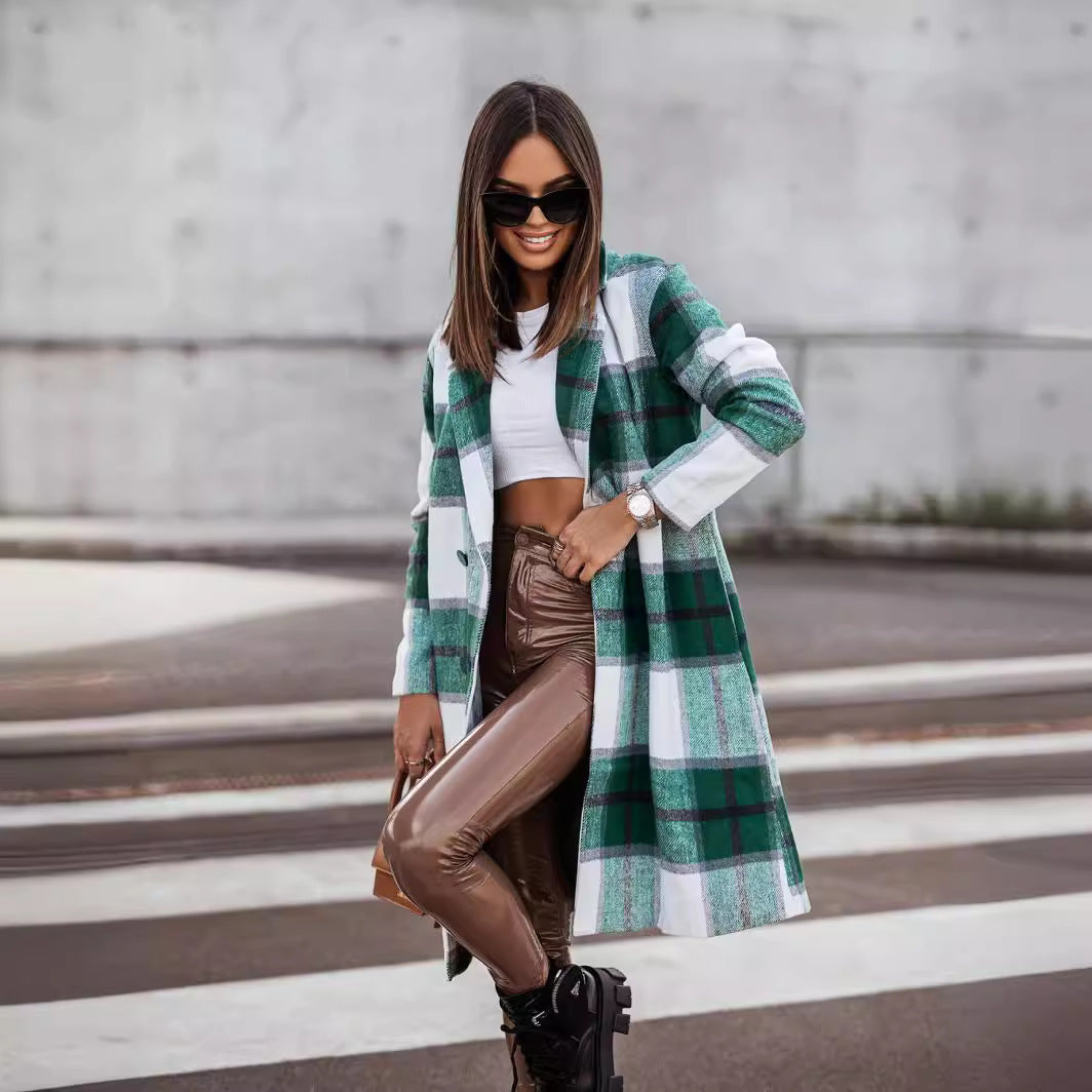 European And American Fall Winter Fashion Brushed Mid-length Plaid Wool Coat