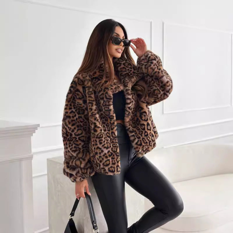 Fashion Personality New Autumn And Winter Fur Leopard Print Lapel Short Coat