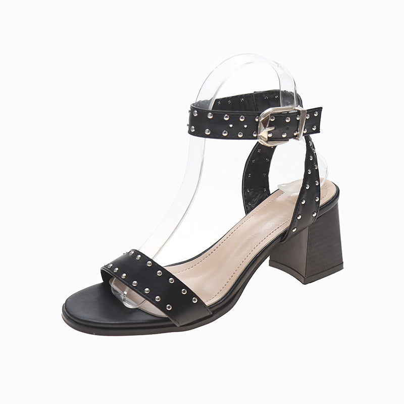 Studded Roman Sandals Women's Word Belt Black Thick Heel High Heels Women