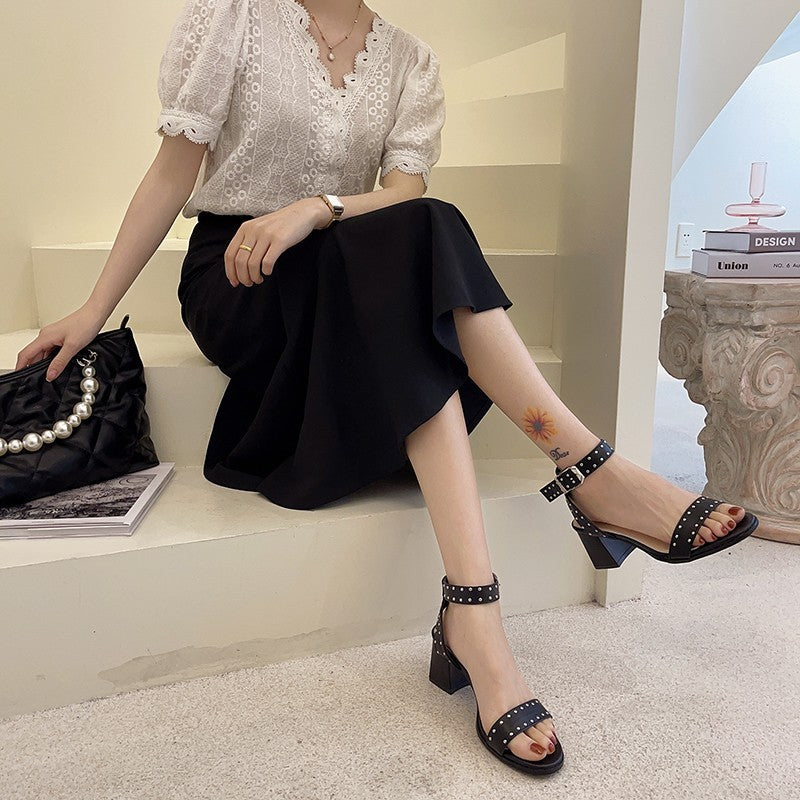 Studded Roman Sandals Women's Word Belt Black Thick Heel High Heels Women