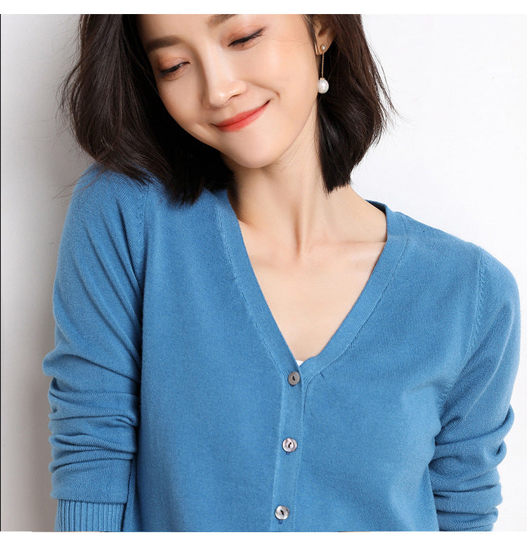 Autumn and winter new knitted sweater women's cardigan jacket solid color V-neck slim wool knitted outer sweater