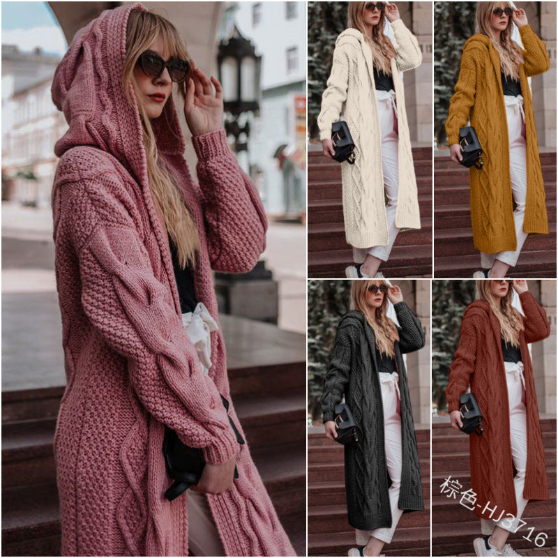 autumn and winter hot sale solid color hooded long loose cardigan sweater twist knit sweater women