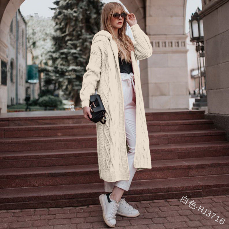 autumn and winter hot sale solid color hooded long loose cardigan sweater twist knit sweater women