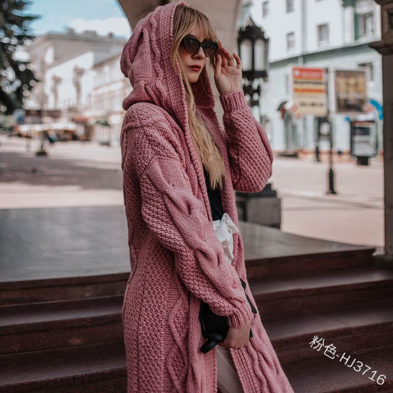 autumn and winter hot sale solid color hooded long loose cardigan sweater twist knit sweater women