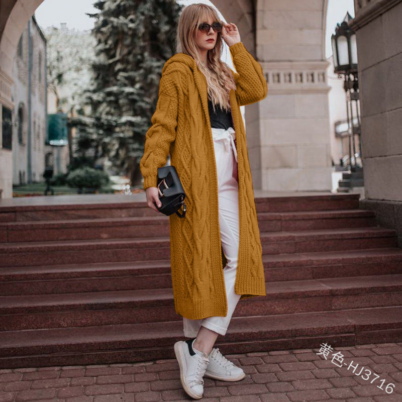 autumn and winter hot sale solid color hooded long loose cardigan sweater twist knit sweater women