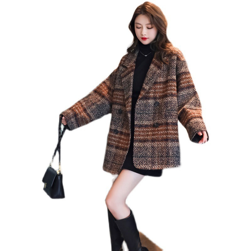 Women's Suit Jacket All-match New Popular Woolen Coat Plaid Tweed Mid-length